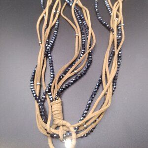 Chico's Black AB Crystal Beads with tan Leather Necklace Lariate